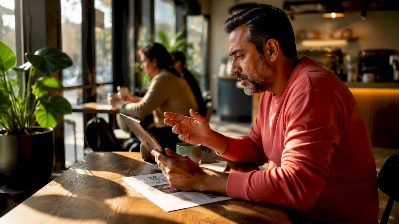 Man reviewing cannabis subscription options at home desk