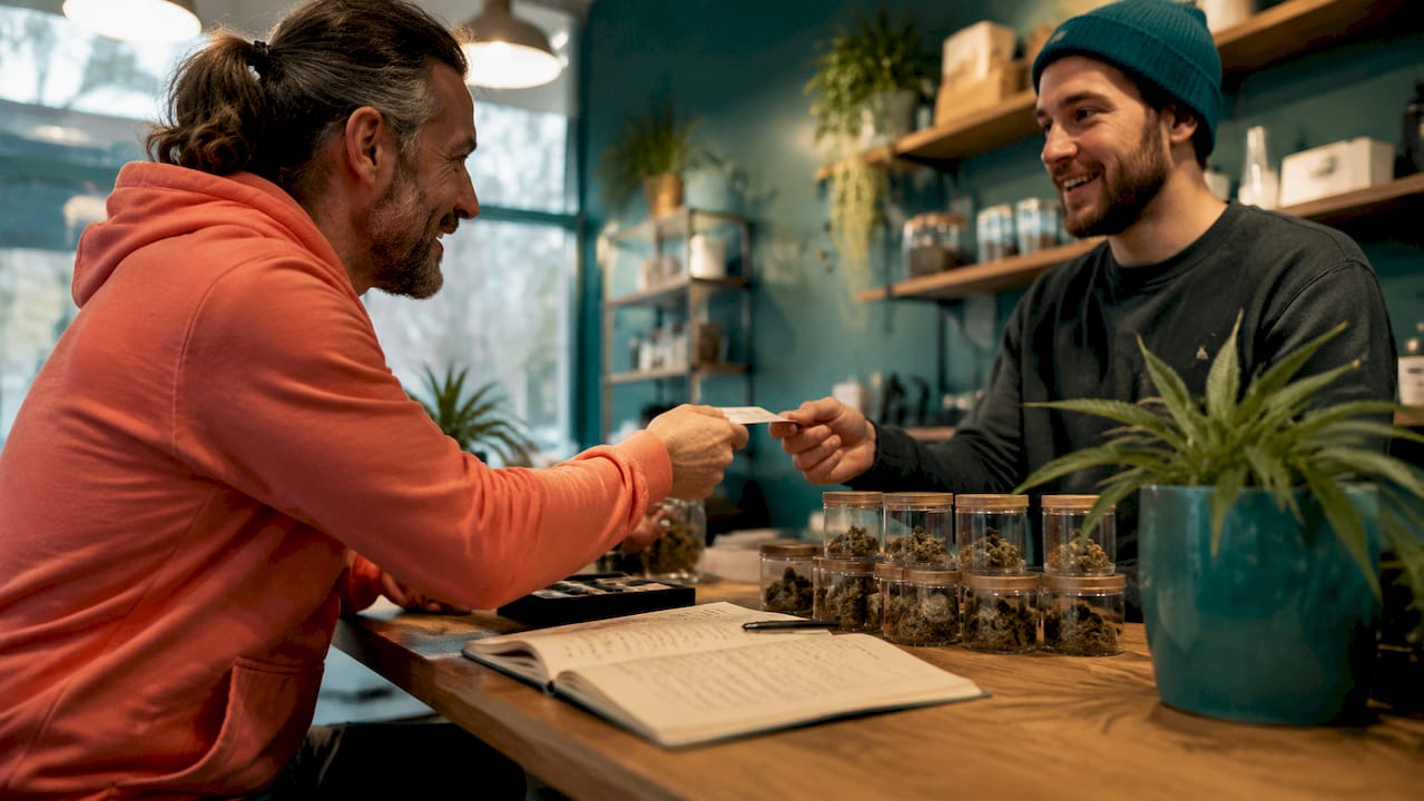 Customer using loyalty card at dispensary counter