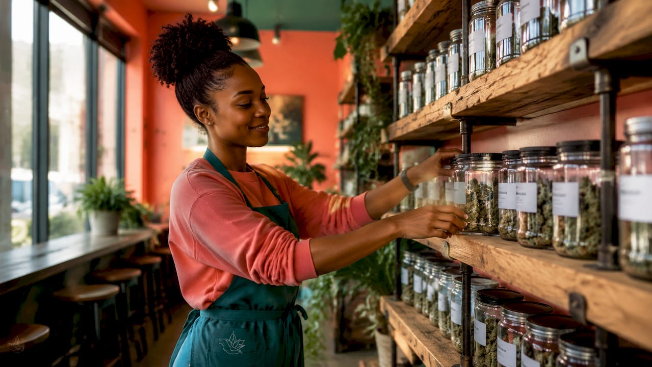 Retail clerk organizing cannabis jars and labels