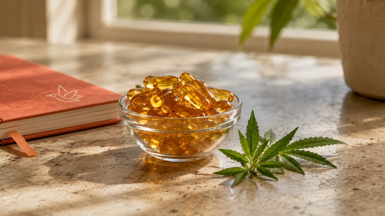 Close-up of cannabis softgel capsules with hemp leaves