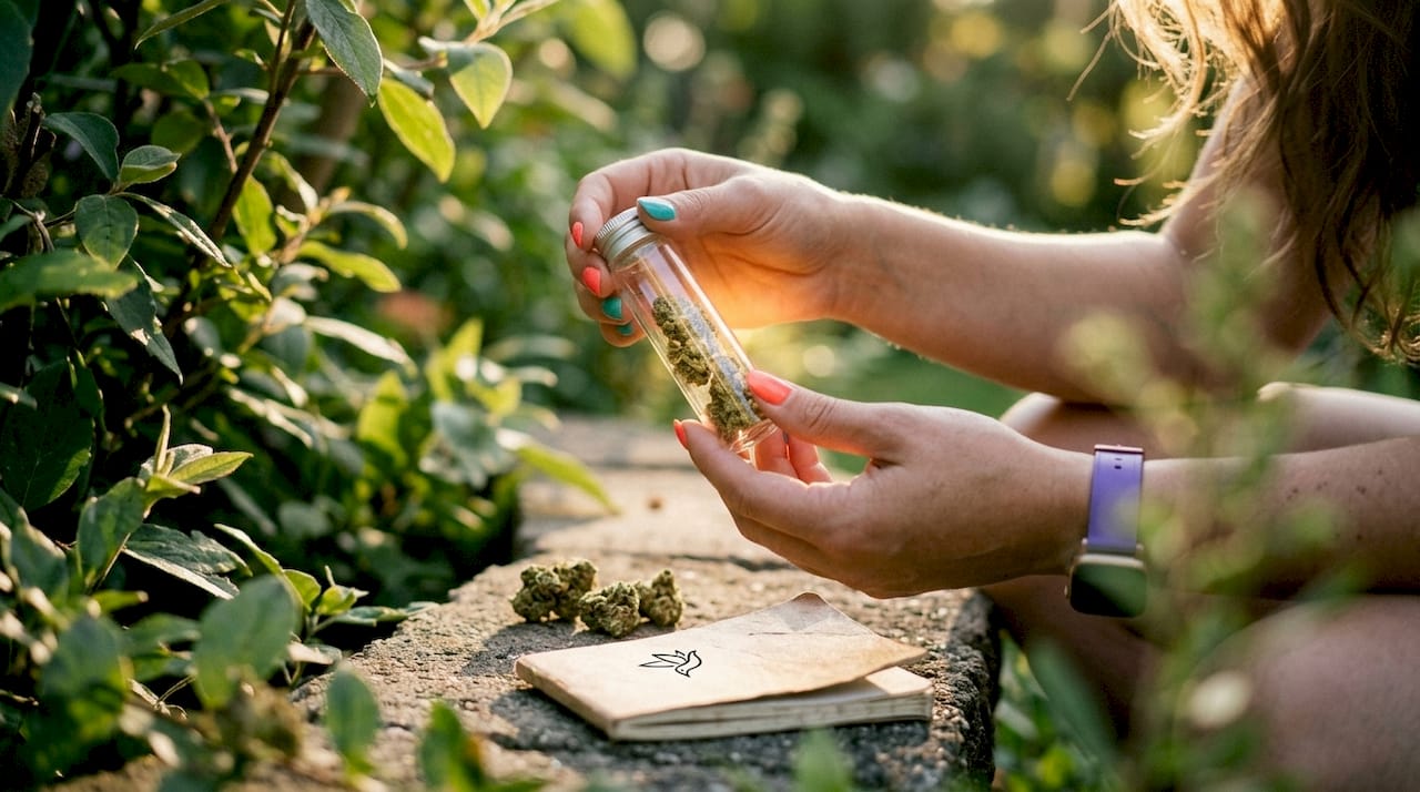 Hands holding cannabis sample vial in lab