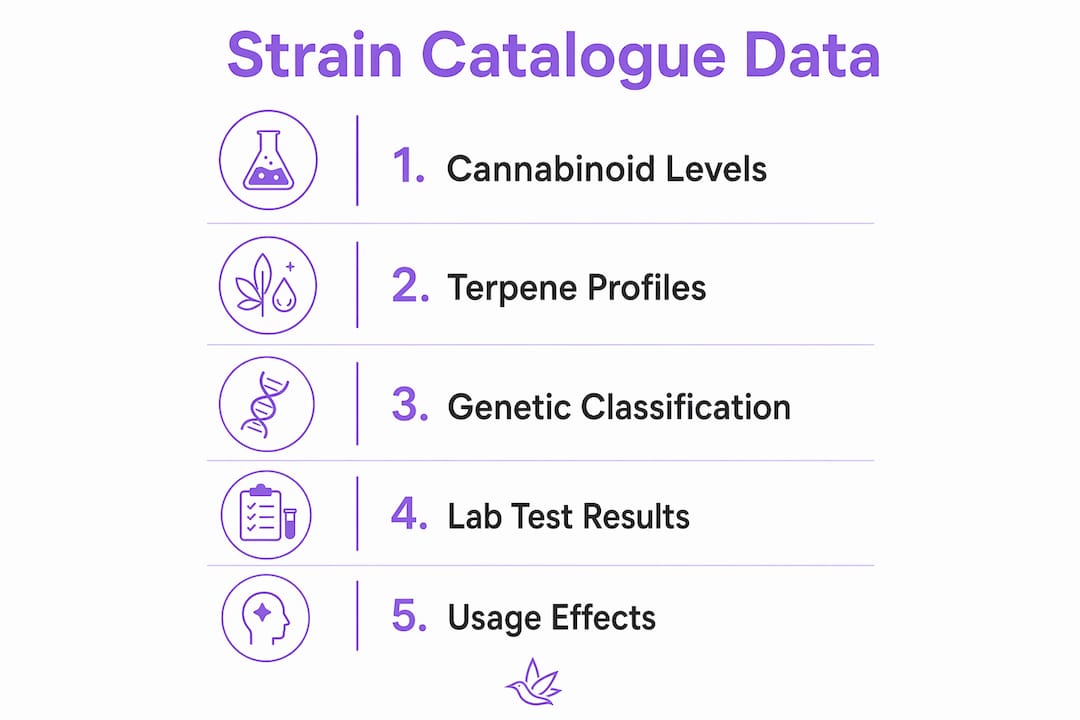 Infographic illustrating cannabis strain catalogue data categories