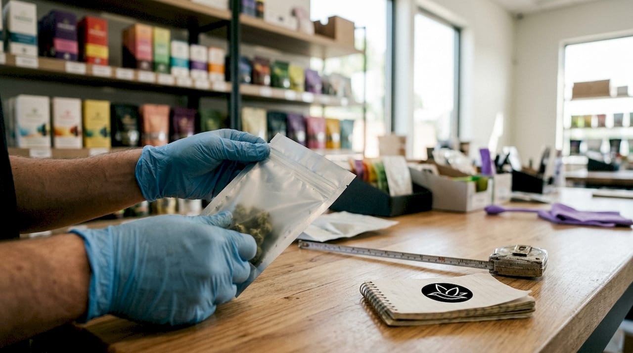 Gloved hands inspecting child-resistant cannabis bag