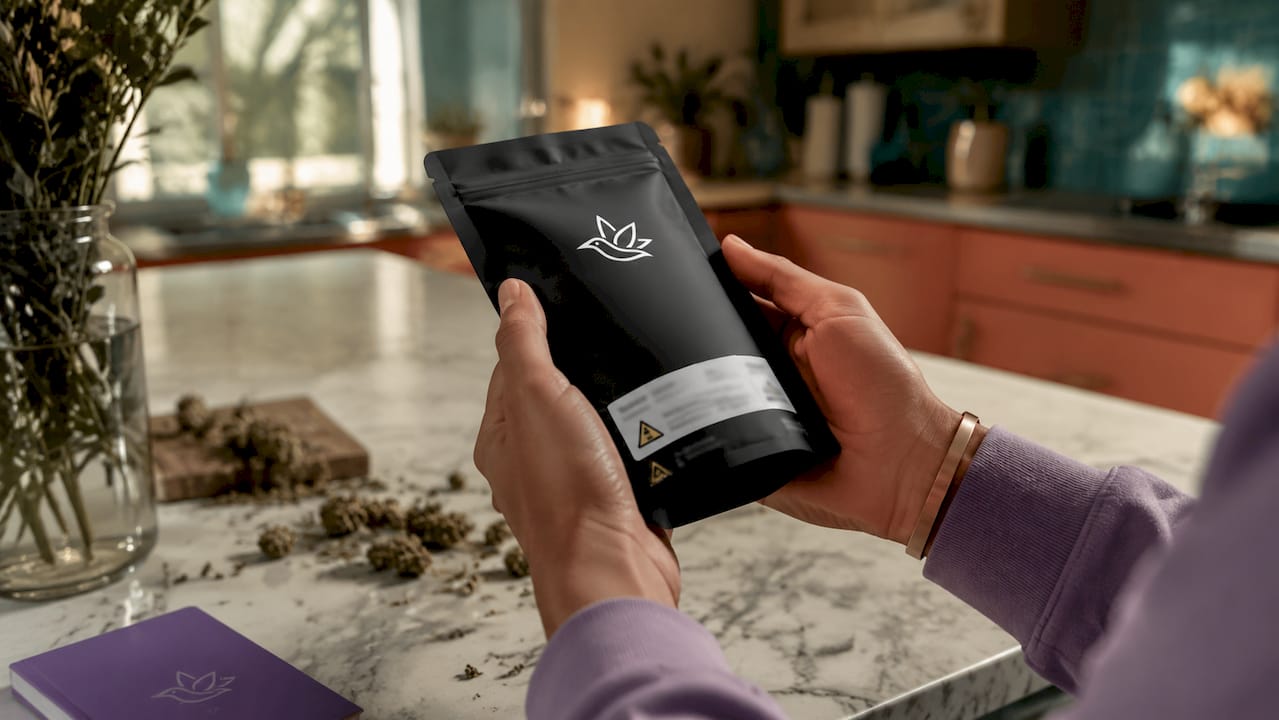 Hands holding labelled Canadian cannabis flower package