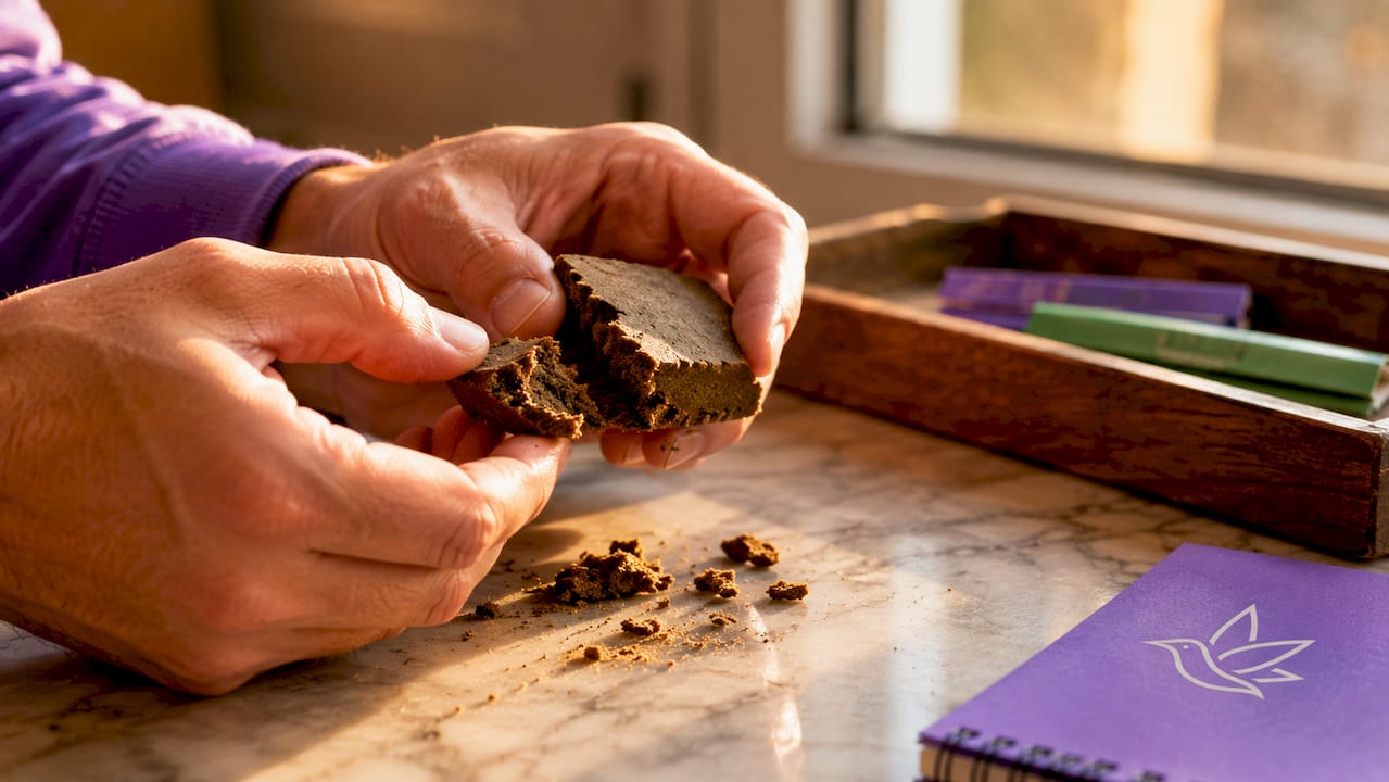 Close-up of hands breaking pressed hash block