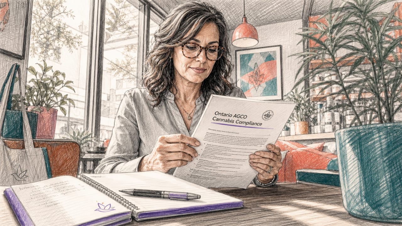 Cannabis retailer reviewing compliance documents at desk