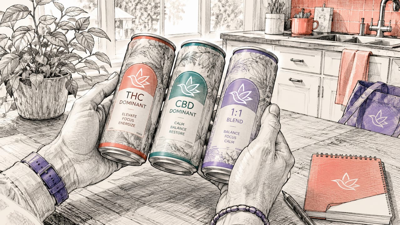 Hands holding cannabis beverage cans close-up