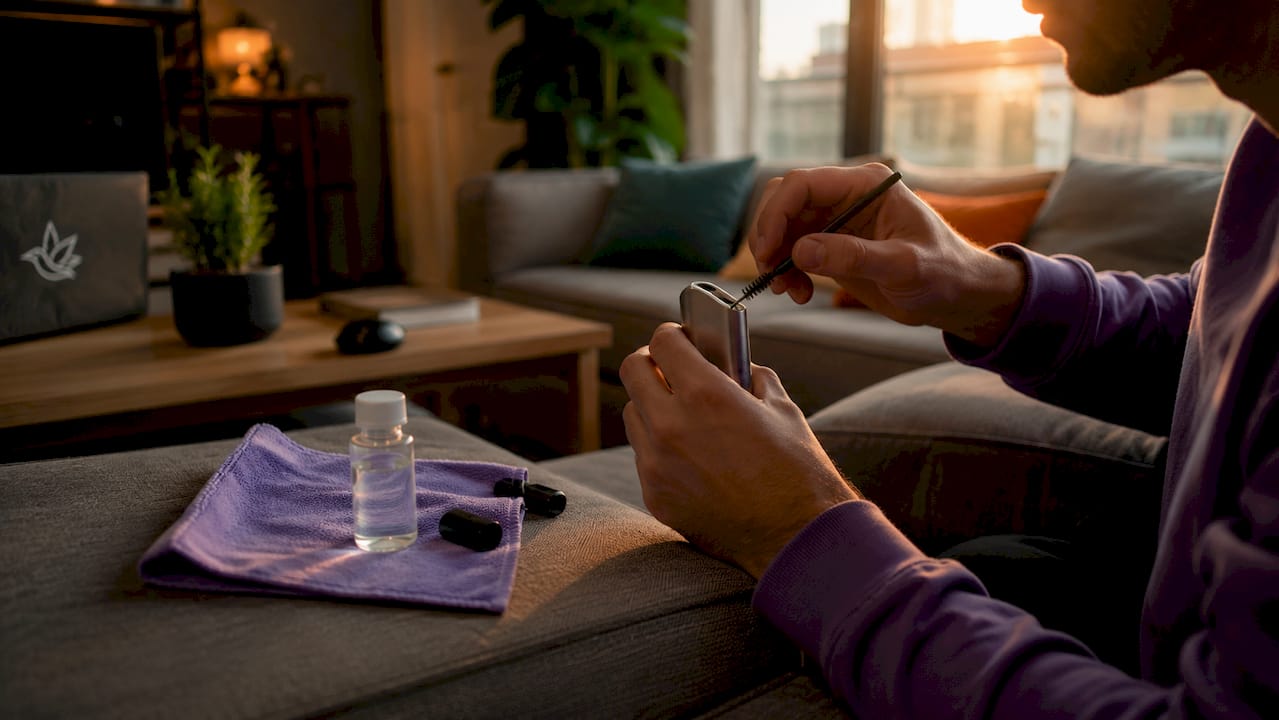 Hands cleaning cannabis vaporizer with brush and cloth