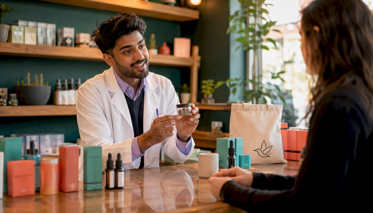 Pharmacist explaining CBD pain stick products
