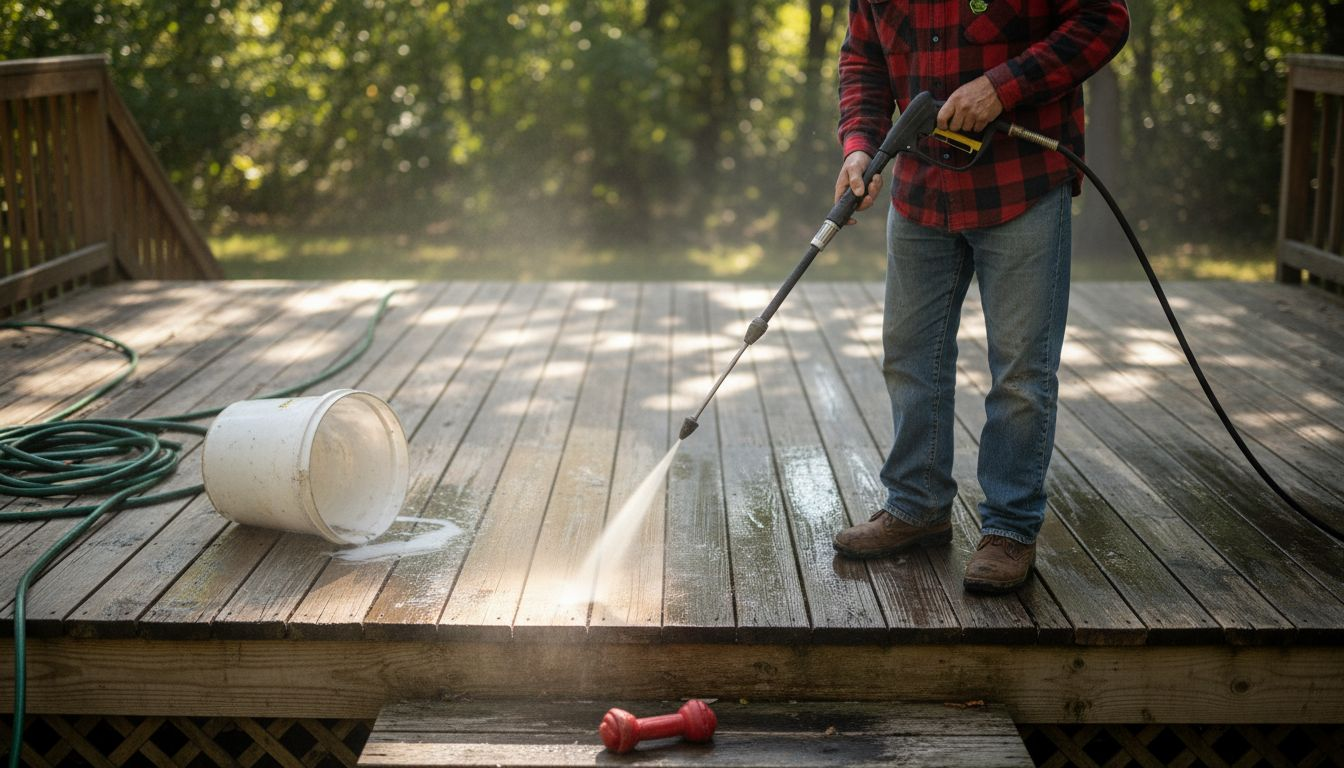 Homeowner washing wooden deck cautiously