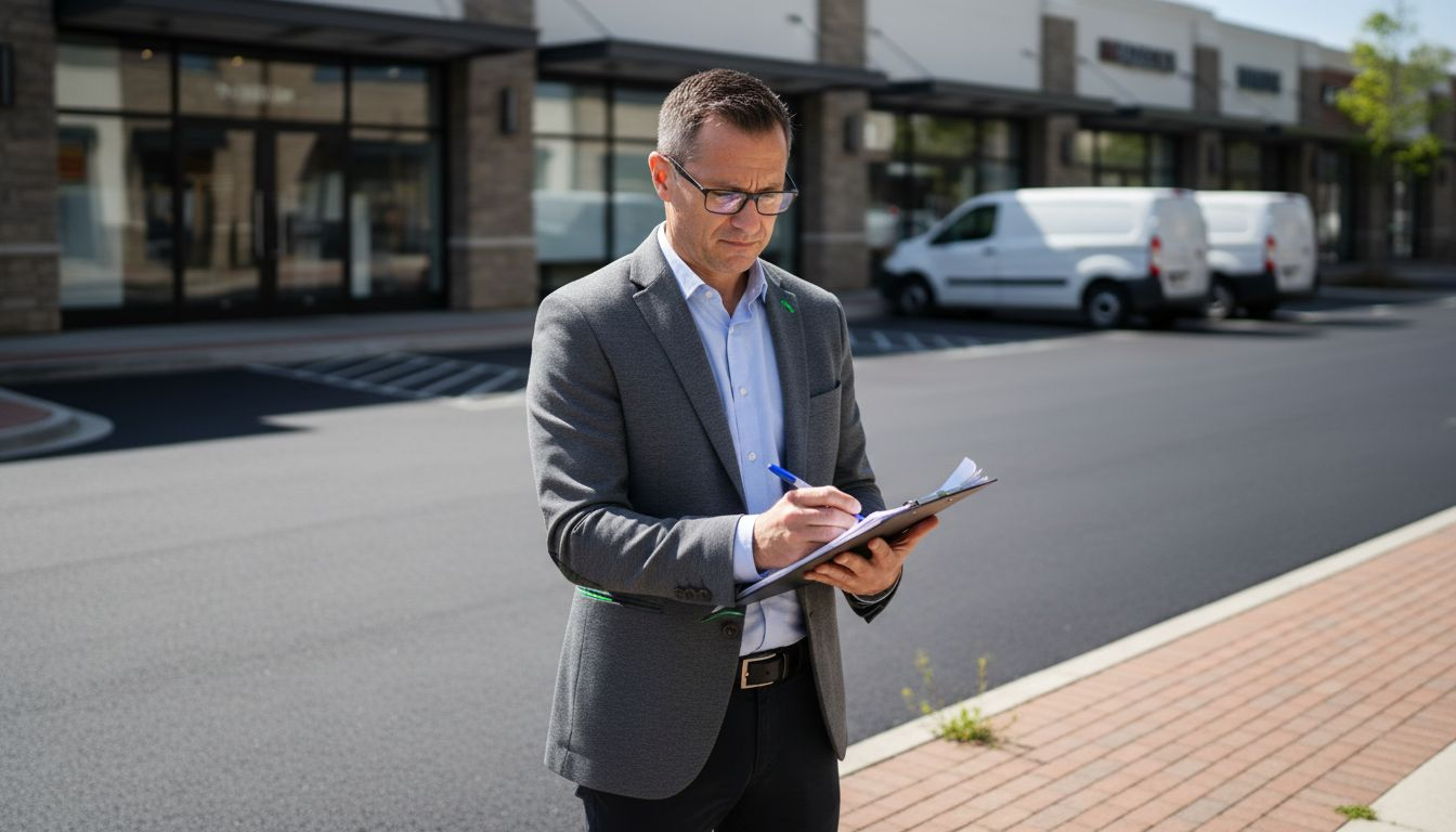 Manager inspecting clean commercial driveway outside store