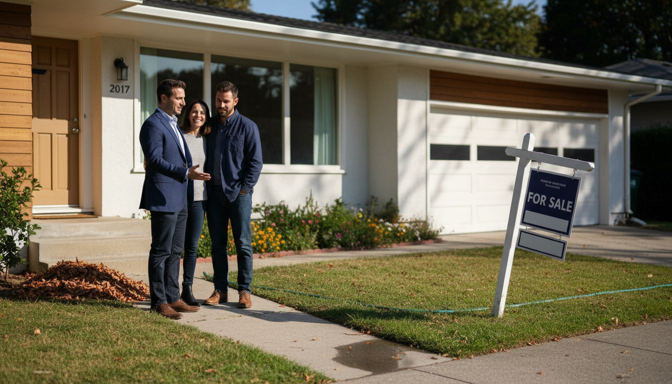 Agent showing clean home exterior to buyers