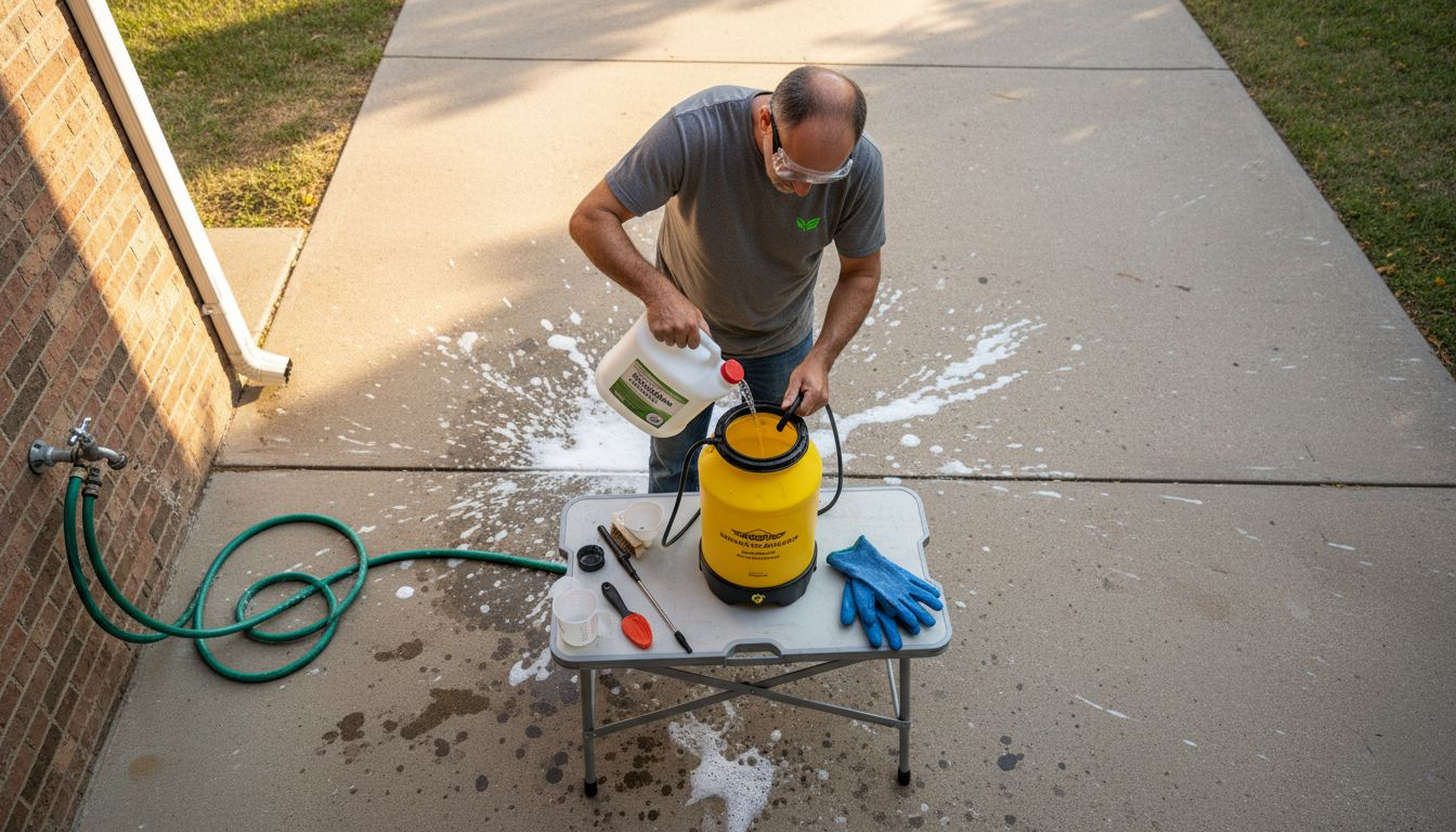 Worker prepares soft wash solution and equipment
