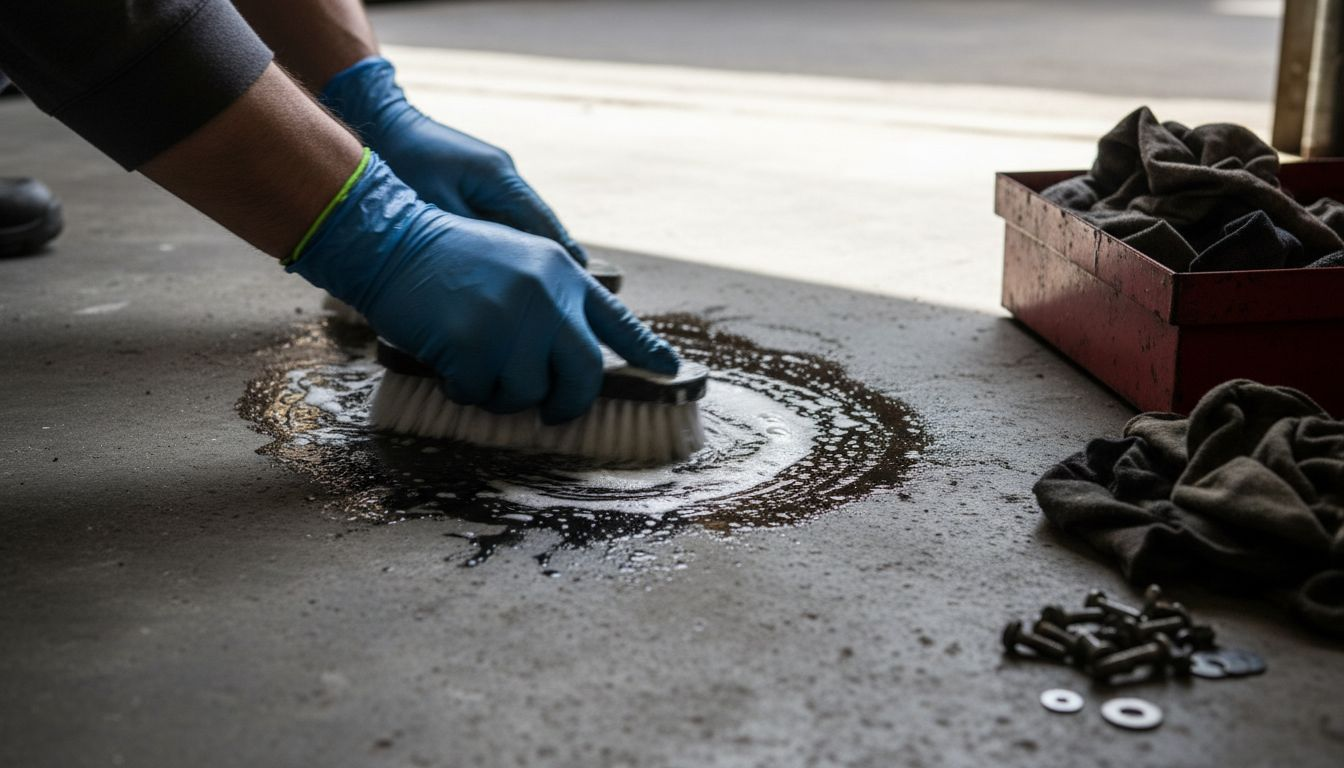 Hands scrubbing oil stain on garage floor