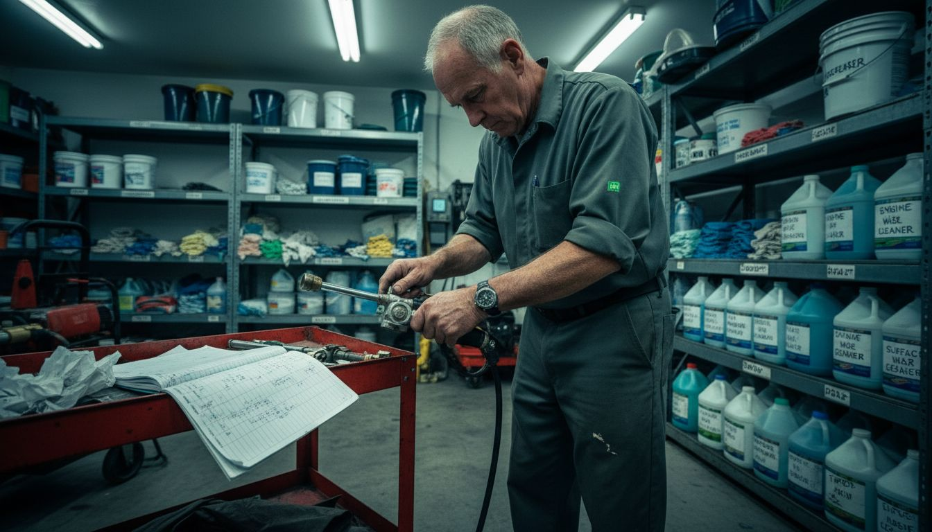 Technician inspecting pressure washer for safety