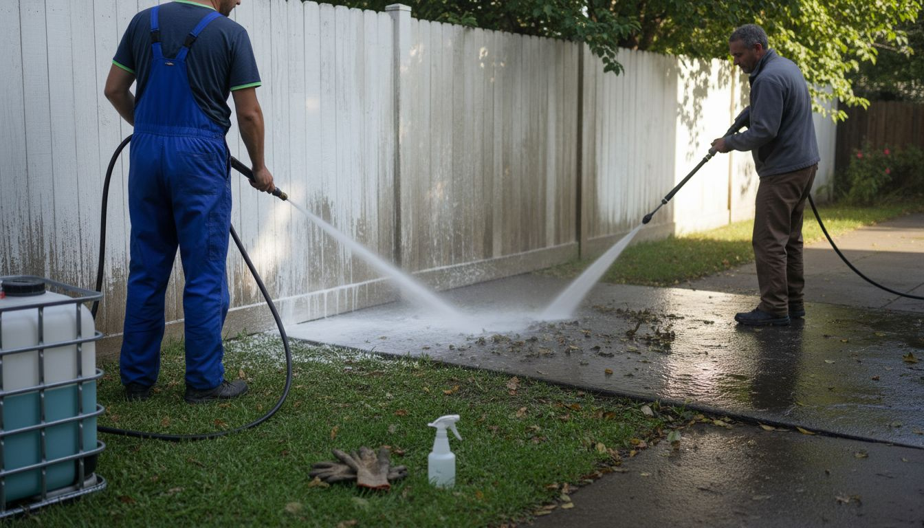 Workers using soft and power cleaning equipment