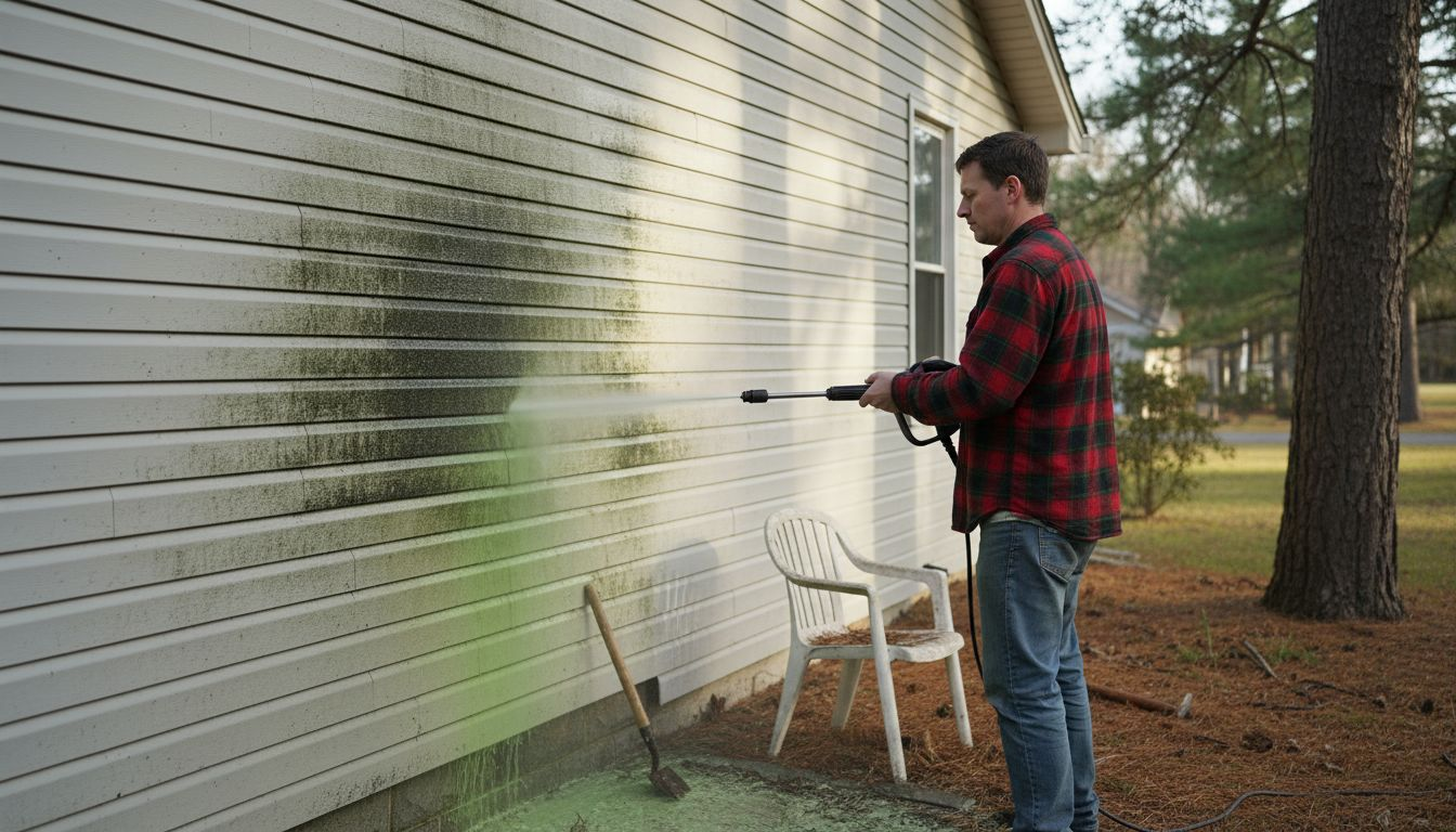 Homeowner removing mold from house siding