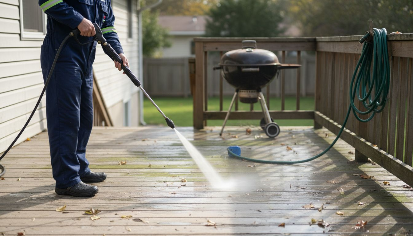 Technician pressure washing algae from wood deck