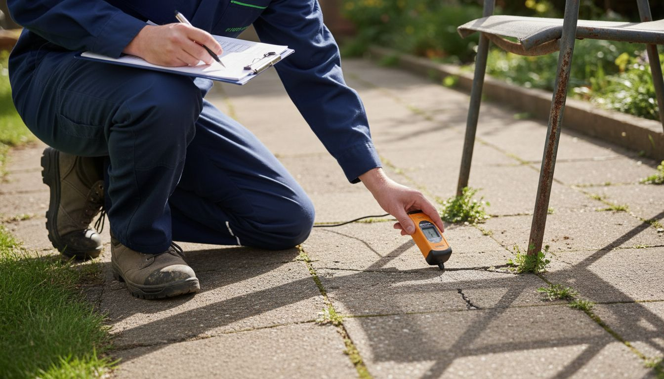 Technician assessing patio for cleaning needs