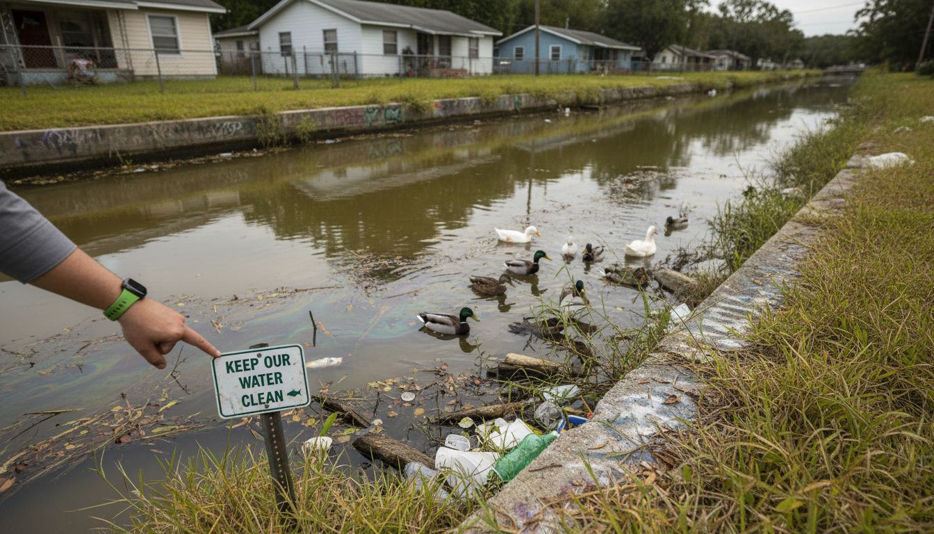 Stormwater canal with pollution warning sign