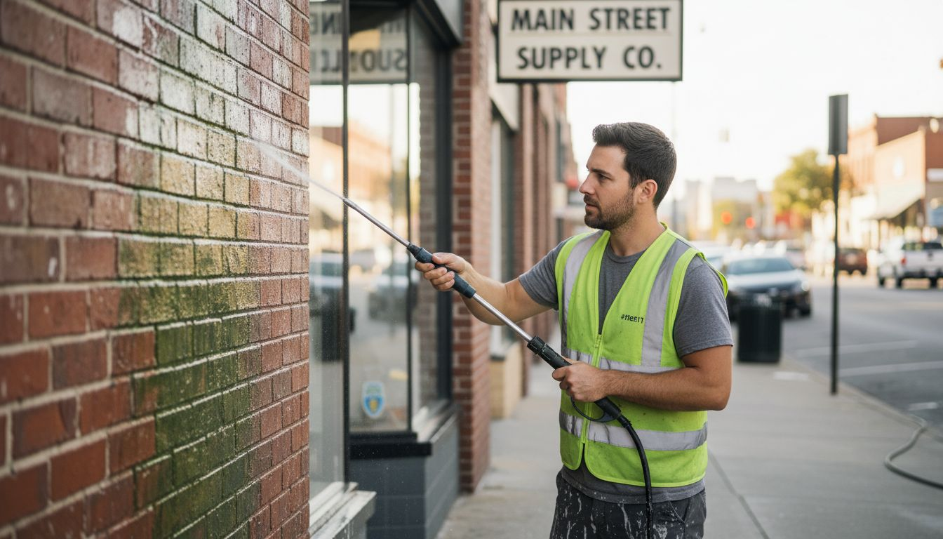 Technician cleaning algae from brick wall