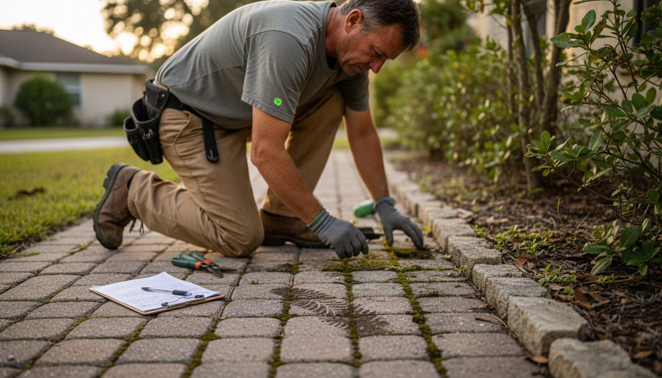 Inspector examining moss and algae damage