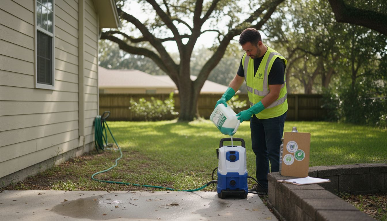 Pressure washer using green detergent outdoors
