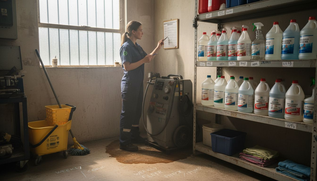 Technician checking cleaning equipment and chemicals