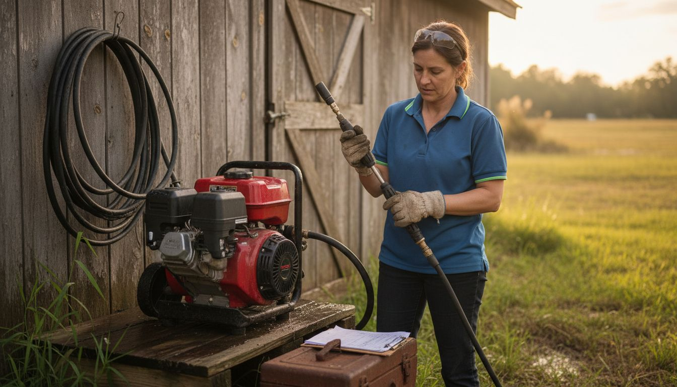 Woman inspects pressure washer equipment outdoors
