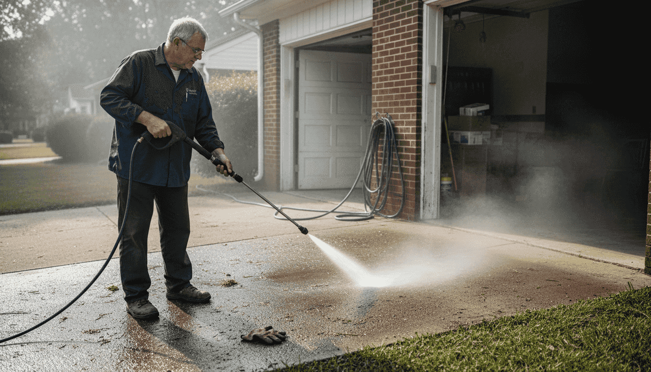 Man power washing greasy driveway with steam