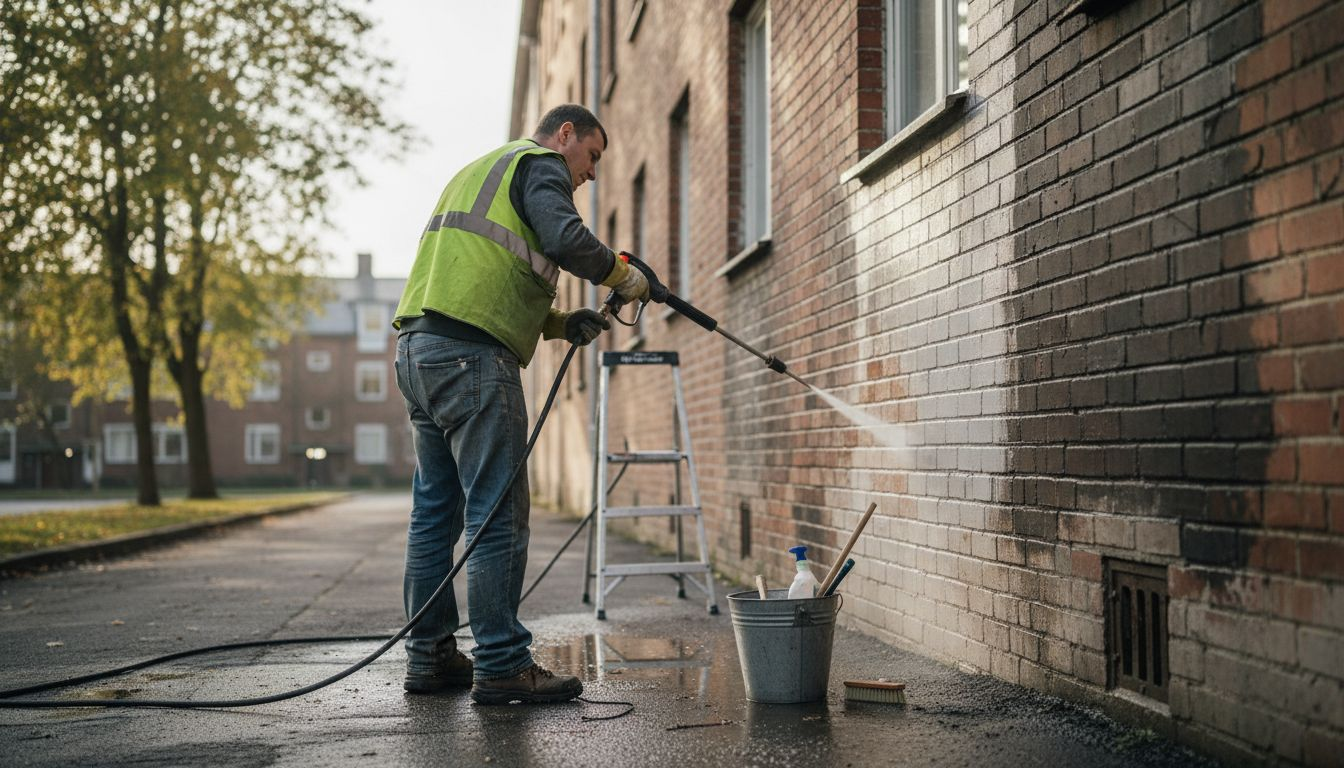 Technician pressure washing brick building exterior