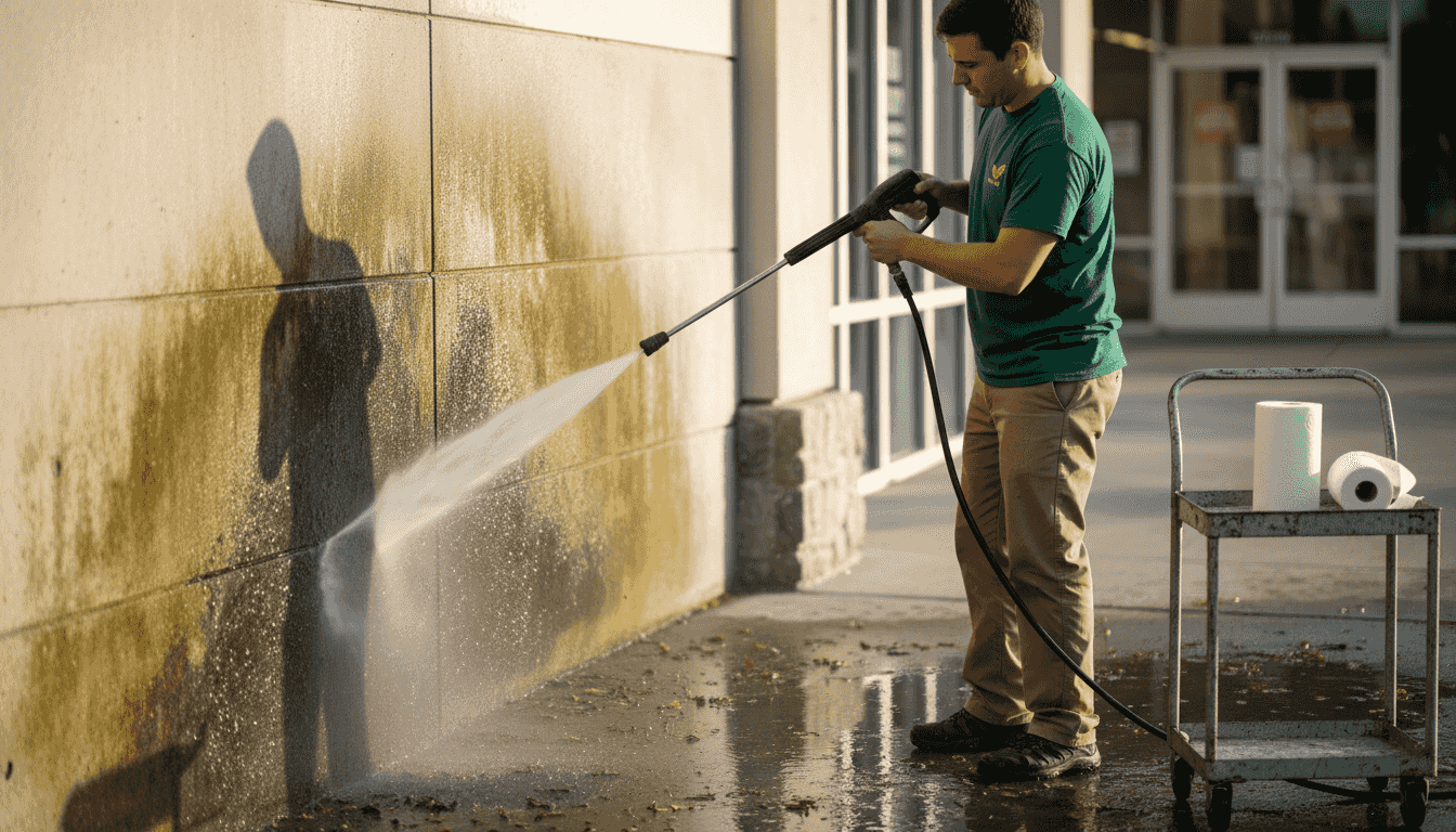 Technician power washing building’s exterior wall