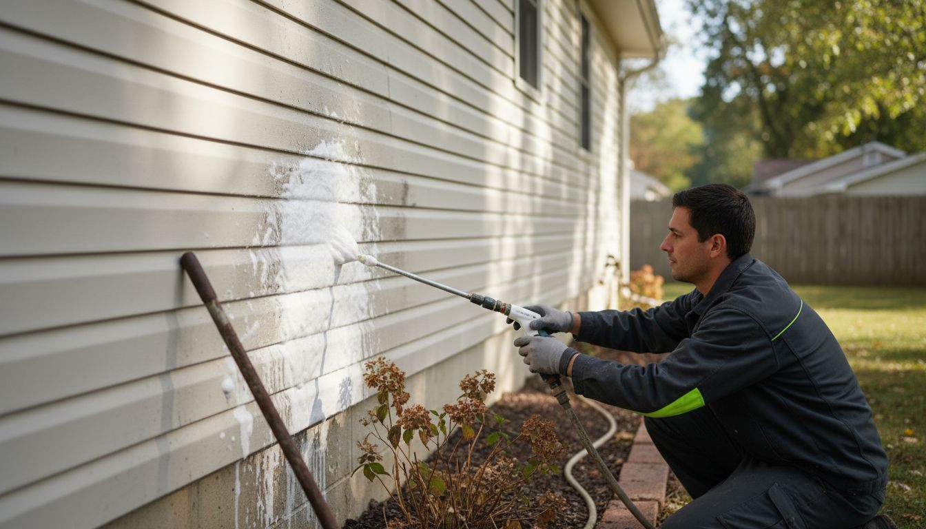 Technician cleaning vinyl siding with soft wash
