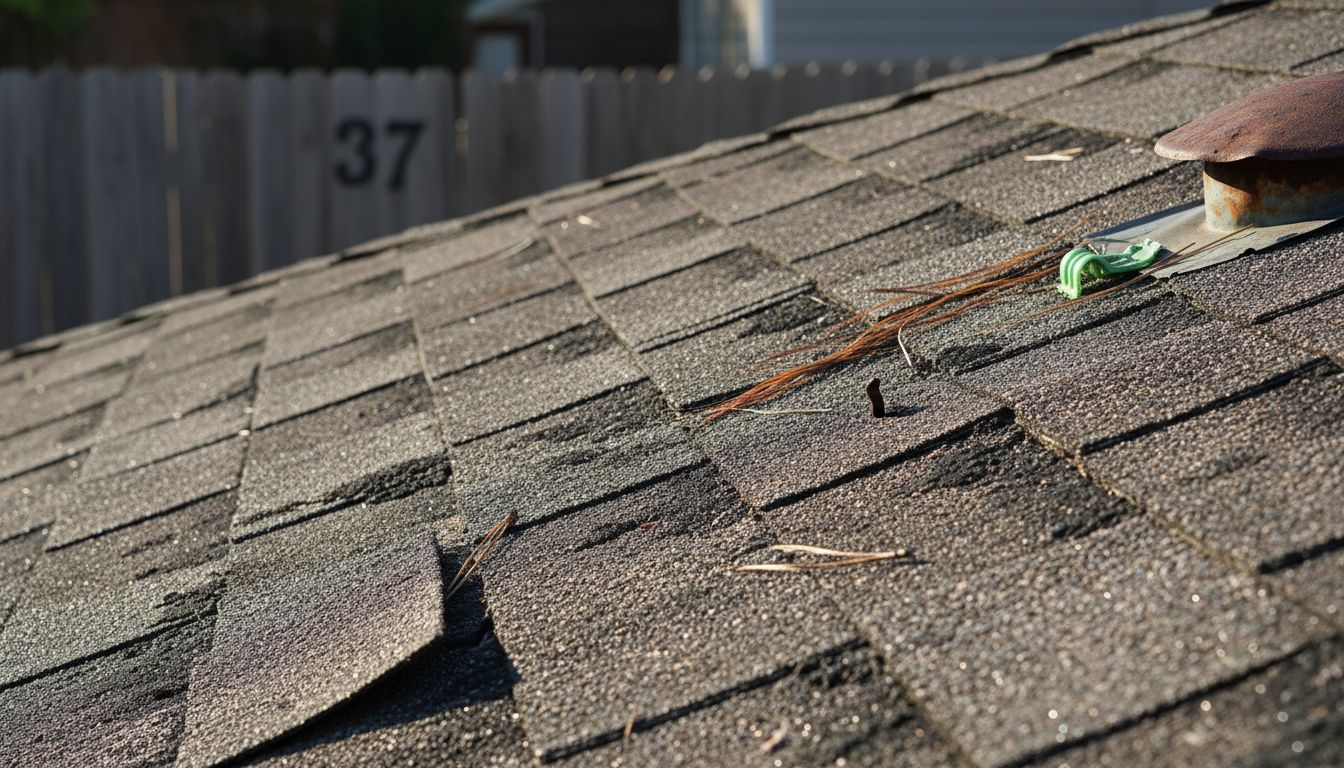Close-up of roof with algae streaks and damage