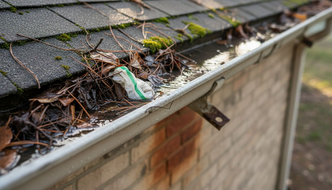 Clogged gutter showing debris and pooled water