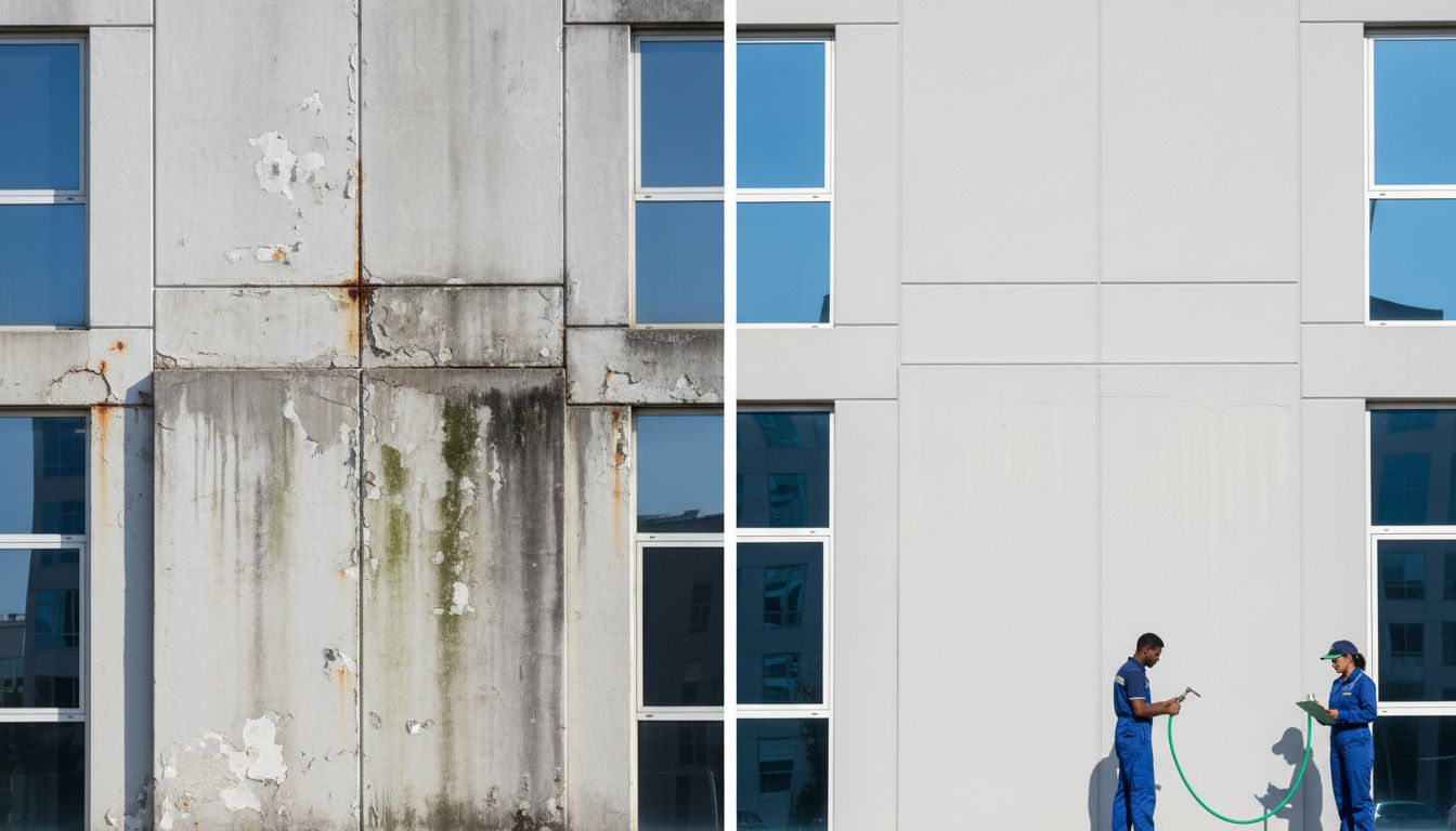 Split screen before and after facade cleaning