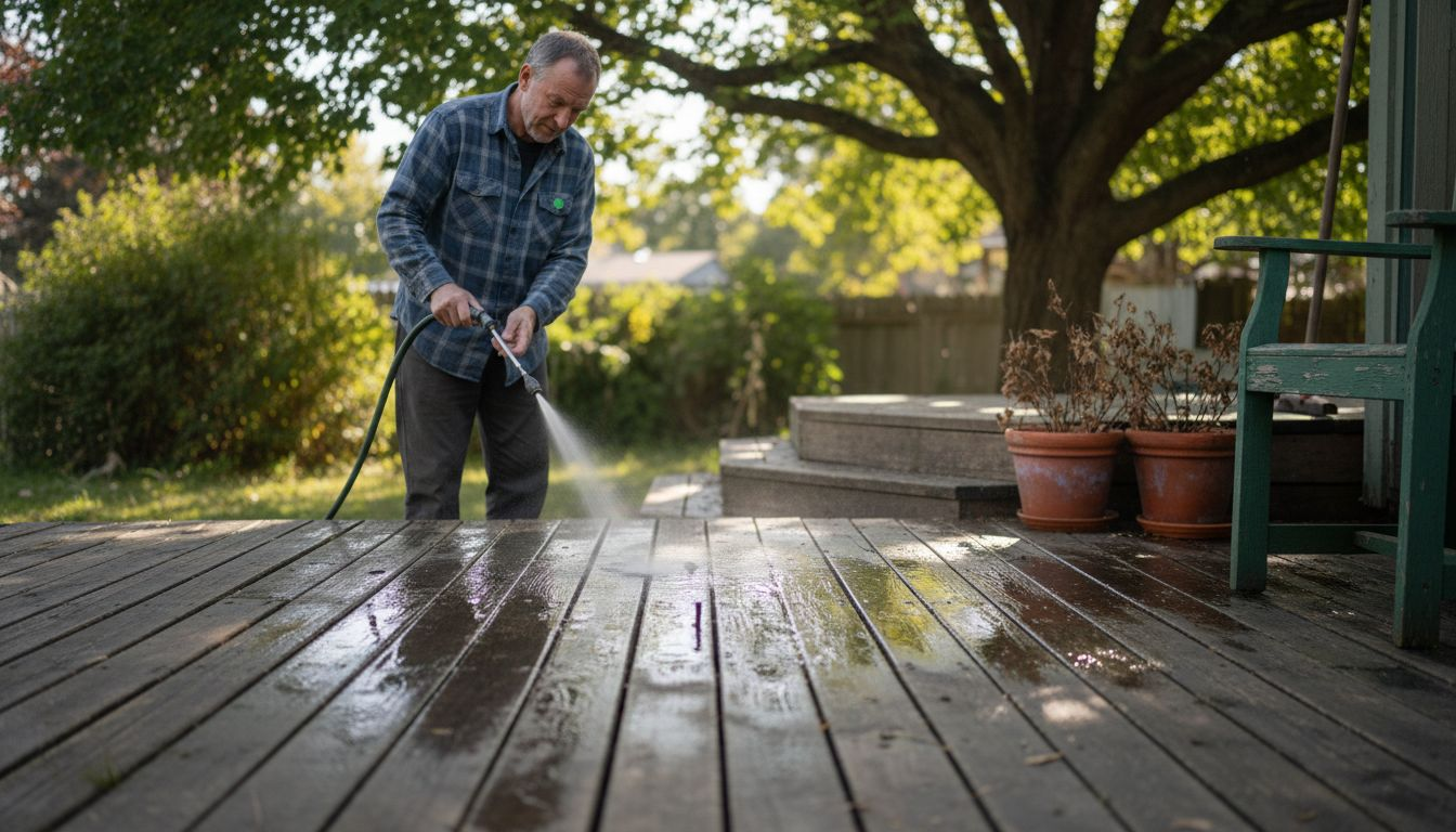 Soft washing wood deck with spray wand