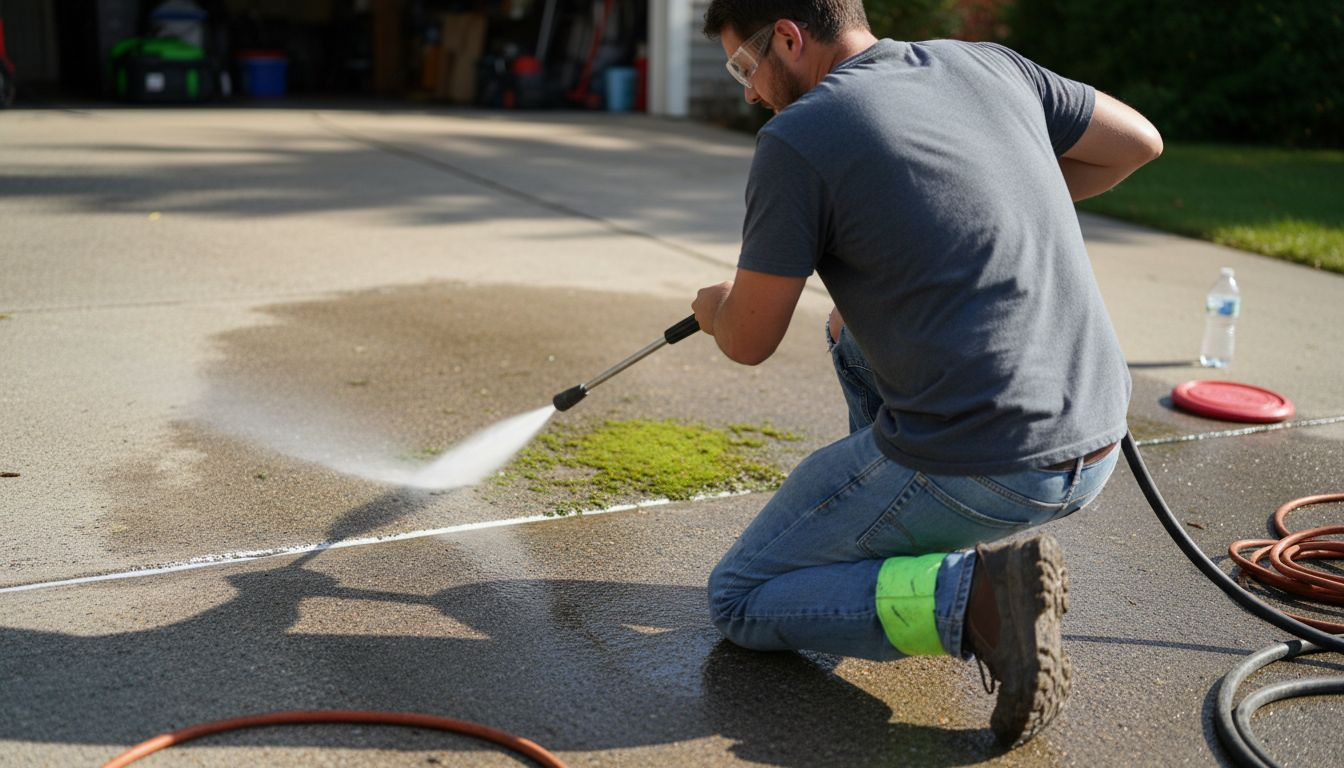 Technician pressure washing driveway with visible results