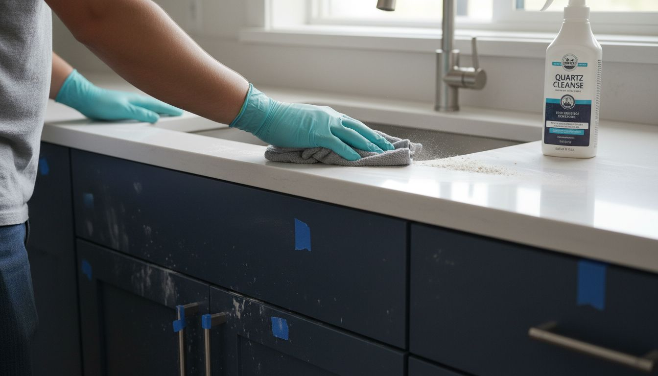 Hands cleaning dust from new countertop