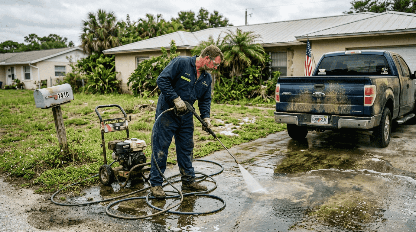 Technician pressure washing Florida driveway