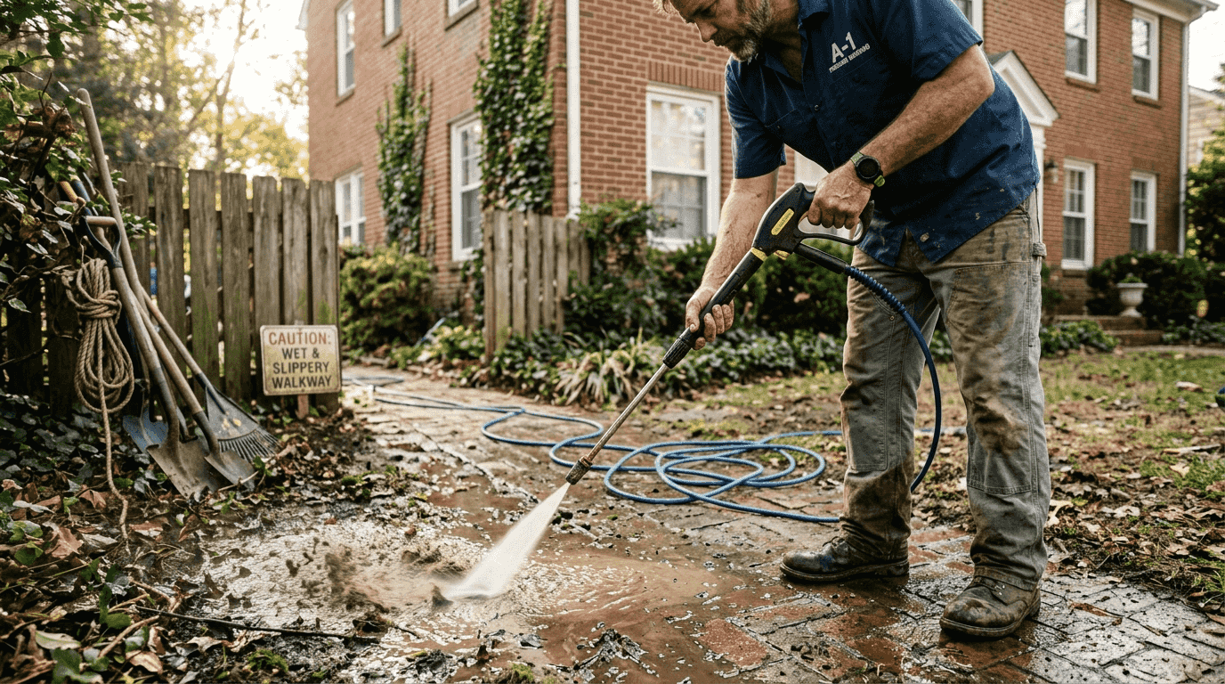 Contractor pressure washing brick walkway