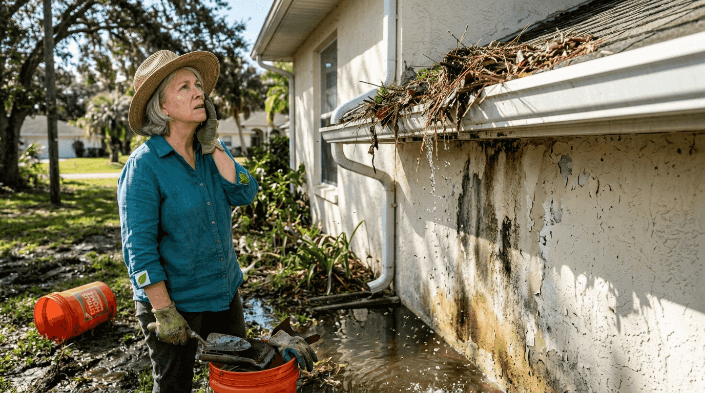Overflowing gutter with homeowner inspecting damage