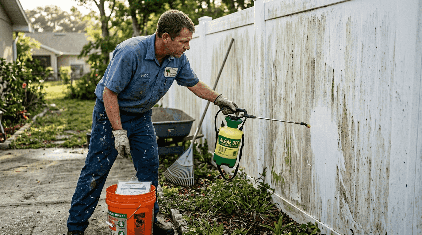 Technician soft washing stained vinyl fence