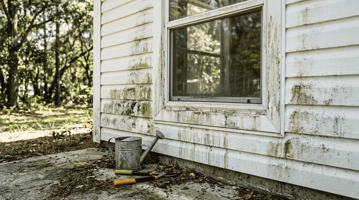Algae and mold growth on siding close-up
