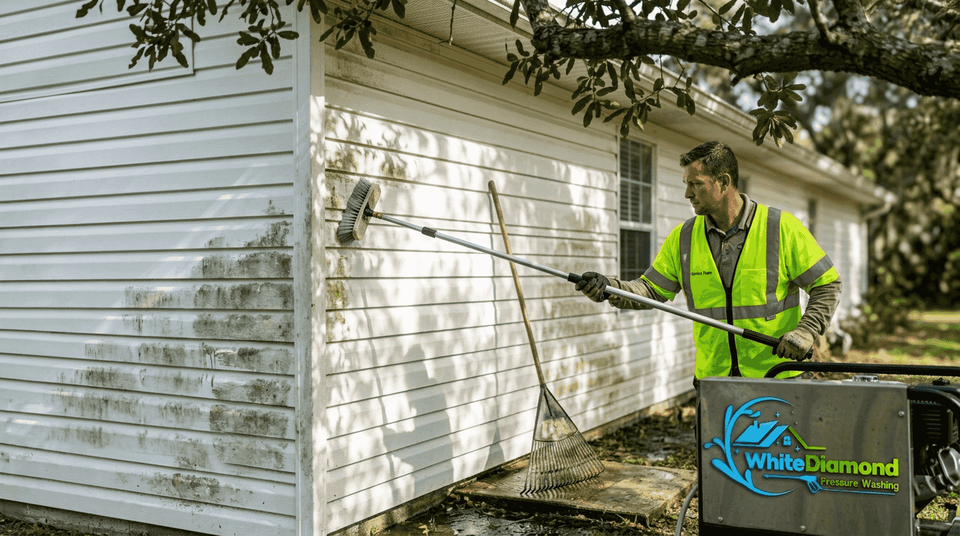 Technician scrubbing algae from home siding