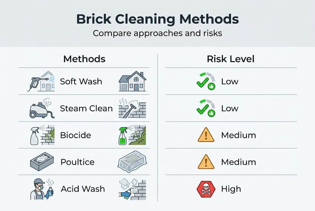 Infographic comparing brick cleaning methods and risks