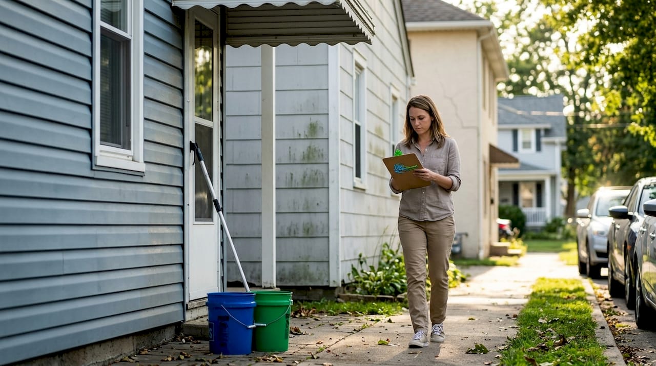 Manager inspects vinyl, stucco, fiber cement homes