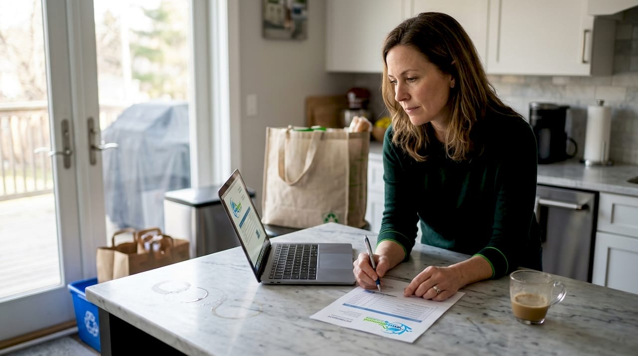 Homeowner reviewing cleaning quotes at kitchen island