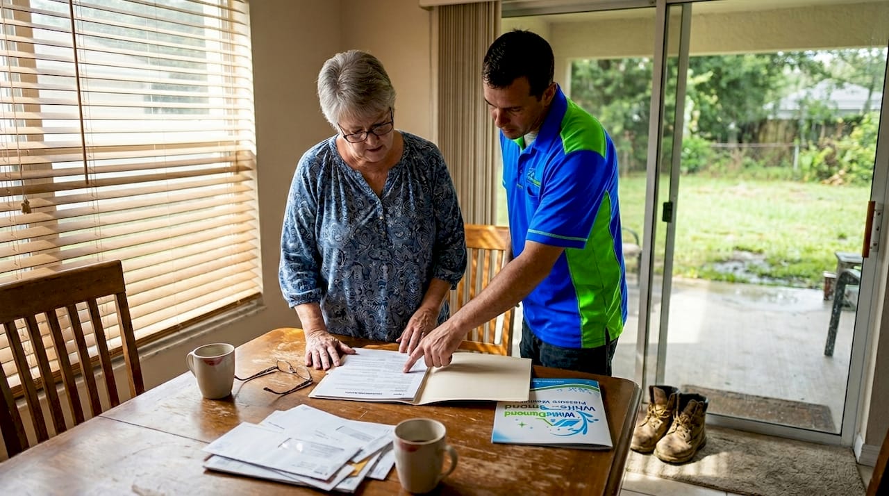 Homeowner and cleaner reviewing insurance documents