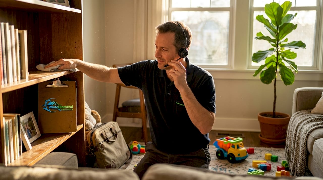 Cleaning technician at work in lived-in home
